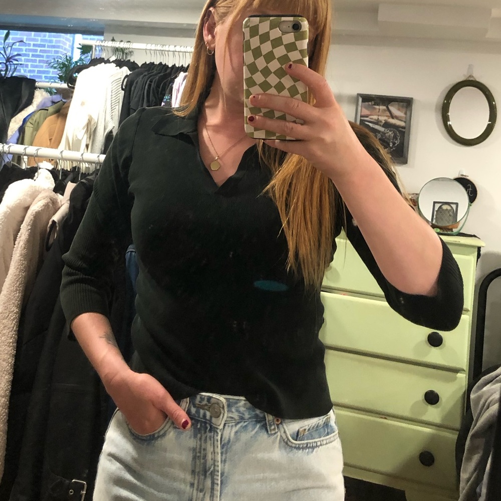 vintage 2000’s faded black collared shirt with 3/4 length sleeves